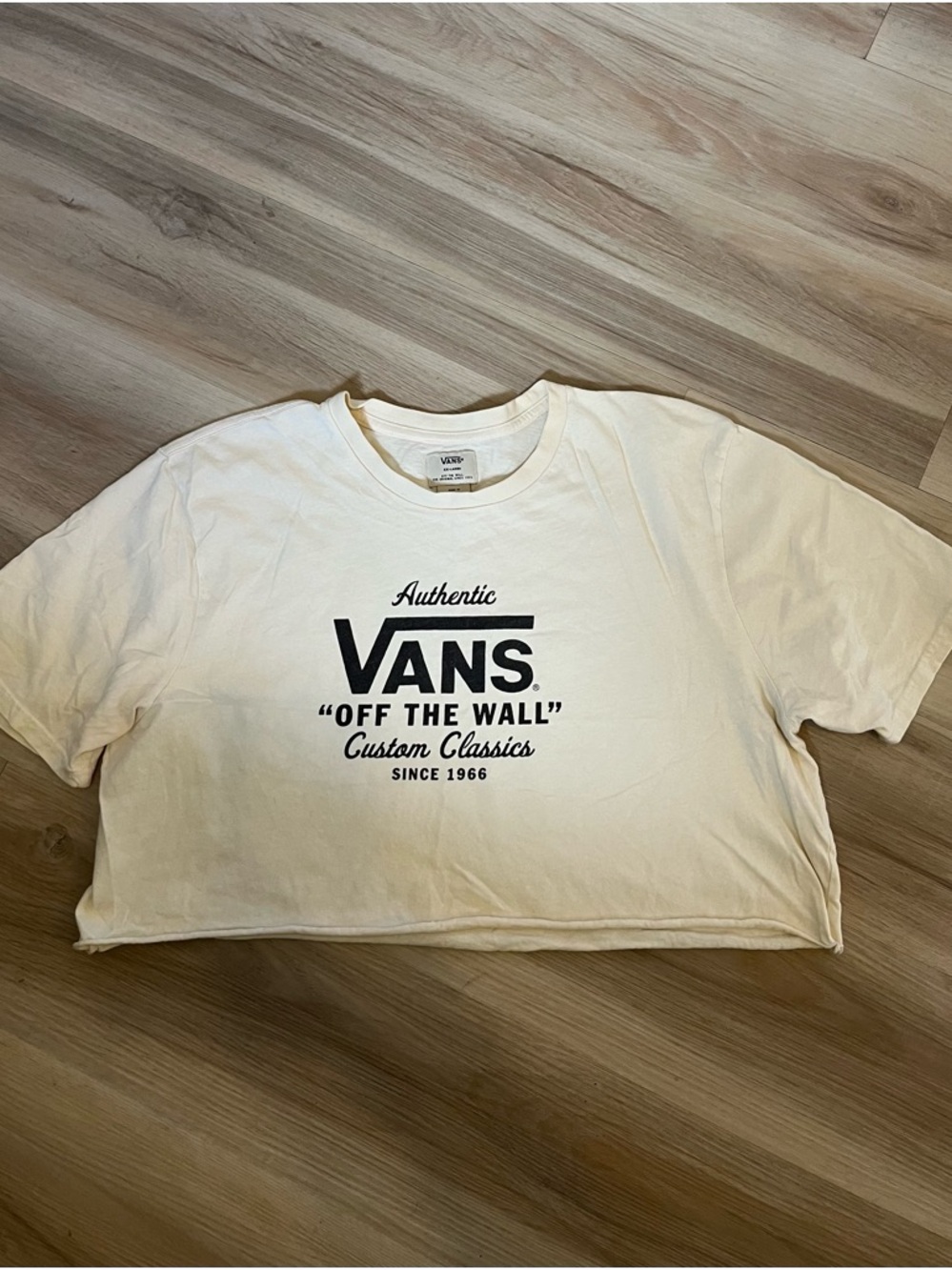 Vans Cream Crewneck Tee with Black Logo Tag Crop Top